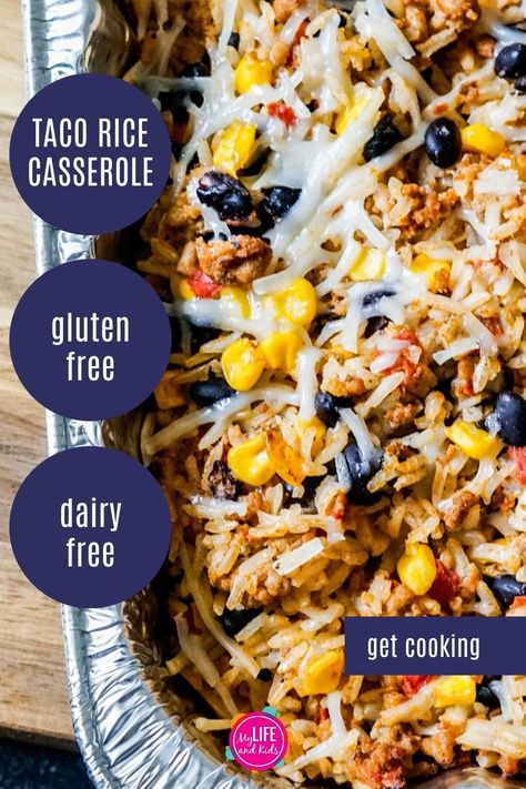 This easy, healthy recipe is gluten free, dairy free AND perfect for the freezer. My entire family loves this Taco Rice Casserole (made without beef). It tastes delicious, and it's a great freezer meal to make ahead and whip out for a quick dinner for our family or to feed a crowd. While this recipe gives dairy free and gluten free modifications, it does not HAVE to be dairy free or gluten free. Make it for dinner tonight or to keep your freezer stocked. Taco Rice Casserole, Casserole Dairy Free, Gluten Free Freezer Meals, Taco Rice, Feed A Crowd, Pasta Dinner Recipes, Gluten Free Recipes For Dinner, Freezer Meal, Ground Beef Recipes For Dinner