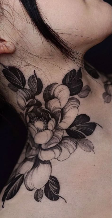 Neck Flower Tattoos Women, Peony Throat Tattoo, Cat Neck Tattoos Women, Neck Peony Tattoo, Peony Neck Tattoos Women, Peony Tattoo Neck, Neotrad Peony Tattoo, Flower On Neck Tattoo, Botanical Neck Tattoo