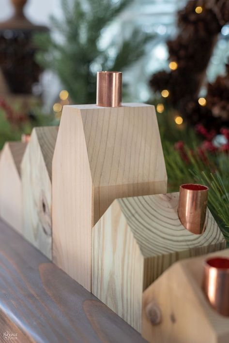 DIY Wood House Candle Holders | DIY Christmas village candle holders | Upcycled copper pipes | How to create a modern Christmas village | #TheNavagePatch #easydiy #Christmas #Upcycled #DIY #Holidaydecor #DIYChristmas #Christmascrafts # Christmasvillage #Christmaslights #DIYHomedecor #Holidays | TheNavagePatch.com Scrap Cedar Wood Diy Projects, Diy Wood House, Diy Wood Candles, Wood Candle Holders Diy, Diy Snowman Decorations, Tre Kunst, Copper And Wood, House Candle Holder, House Candle