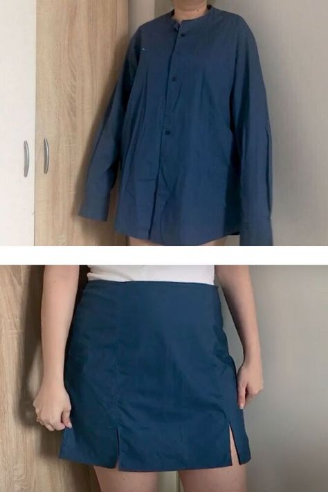 how to make a skirt from an old shirt Shirt Into Skirt, Shirt Upcycle, Gents Shirts, Make A Shirt, Skirt Diy, Upcycle Shirt, Diy Skirt, Shirt Refashion, Recycled Fashion