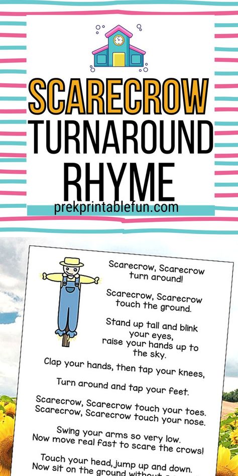 This is a fun little fall themed action rhyme that preschoolers love! Download your free copy of this Scarecrow turn around action rhyme from my shop or in the Free Subscriber Library! Scarecrows Activities For Preschool, Preschool Scarecrow Theme, Preschool Scarecrow Activities, Preschool Fall Movement Activities, Scarecrow Gross Motor Activities, Scarecrow Lesson Plans For Preschool, Scarecrow Theme Preschool, Scarecrow Songs For Preschool, Scarecrow Preschool Activities