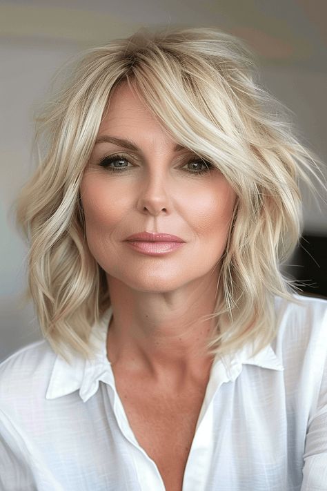 50 Hottest Shaggy Bob Haircuts to Copy This Year Older Women Blonde Hair, Medium Length Haircut White Hair, Bangs With A Bob Haircut, Short Blonde Hair Styles With Bangs, Shaggy Bob Shoulder Length, Shaggy Bob Medium Length, Bob For 50 Year Old, Blond Layered Hair Medium, Shorter Blonde Hair Mid Length