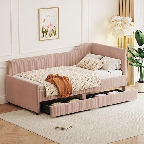 Amazon.com: Merax Twin Size Corduroy Daybed, Upholstered Day Bed Frame with 2 Large Storage Drawers, L-Shaped Sapce Saving Corner Sofabed for Kids, Teens & Adults, Wood Slat Support, Pink : Home & Kitchen Daybed Upholstered, Day Bed Frame, Futon Beds, Sofa Bed Frame, Rabbit Shape, Bed In Corner, Daybed With Storage, Upholstered Daybed, Twin Mattress Size