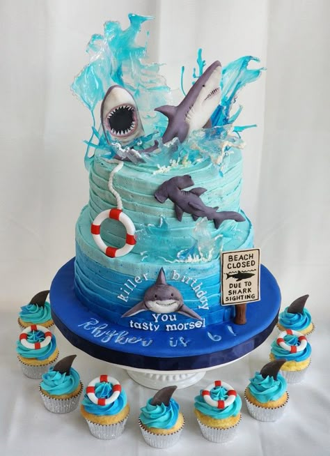 Shark Themed Party Food Ideas, Cute Shark Birthday Cake, Cake Shark Birthday, Shark Cake Designs, Shark Week Cupcakes, Sharks Birthday Party Ideas, Shark Themed Birthday Cake, Shark Party Cake, Shark Birthday Cake Ideas