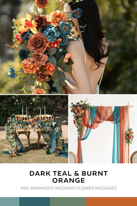 Wander through the forest with Ling’s Dark Teal & Burnt Orange collection. This rich palette combines warm and cool shades to create a rustic look ideal for autumn weddings. Adorn your bridal party with unique bouquets, corsages, and boutonnieres. Transform your venue with premade ceremony and reception decor. Or c Orange Theme Wedding, Dark Teal Weddings, Unique Bouquets, Teal Wedding Colors, Orange Theme, Burnt Orange Weddings, Autumn Weddings, Wedding Flower Packages, Flower Tie