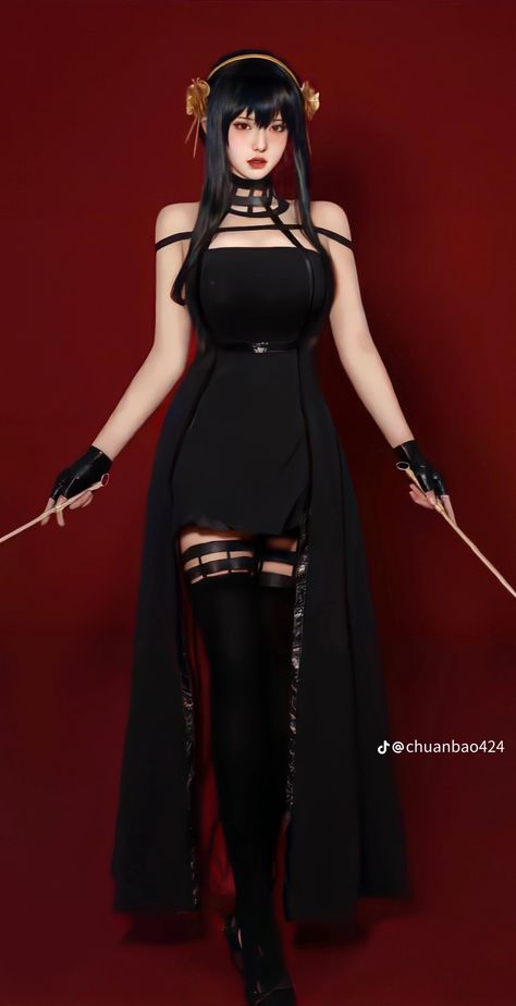 Yor Forger Assassin Outfit, Yor Forger Cosplay, Cosplay Poses, Yor Cosplay, Spy X Family Yor Forger Dress, Black Anime Print Cosplay Costume, Yor Forger Cosplay Red Sweater, Assassin Costume, Yor Cosplay Photoshoot