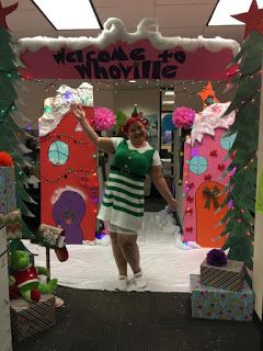 Diy Welcome To Whoville Arch, Christmas School Event Ideas, Whoville Christmas School Hallway, Whooville Cubicle Decorations, Whoville Christmas Decorations Office, Who Ville Decorations, The Grinch Stole Christmas Decorations, Whoville Hallway Decorations, Who Ville Decorations Christmas Ideas