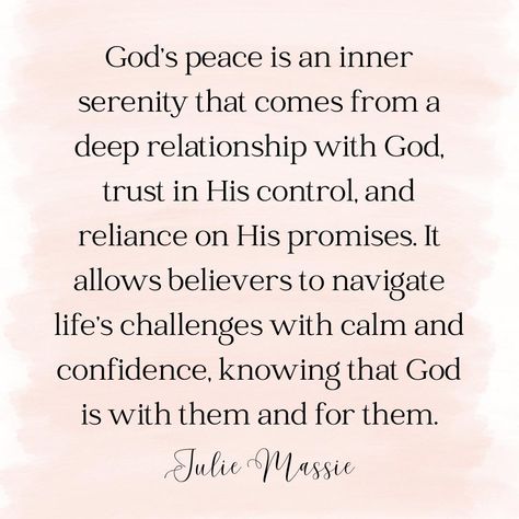 Having God’s peace means living with an inner tranquility that comes from being in a right relationship with God. His peace is beyond human understanding and explanation. Through a relationship with Christ, the Prince of Peace (Isaiah 9:6), and our unwavering faith, God’s peace remains steadfast and unshakable, comforting us in times of trouble. ✝️🙌🏻☮️ God’s peace is an inner serenity that comes from a deep relationship with God, trust in His control, and reliance on His promises. It allows ... Peace In God Quotes, Be His Peace, Gods Peace, Peace With God, God's Peace, Beyond Human, Peace Meaning, The Peace Of God, Isaiah 9 6