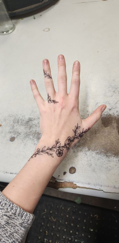 Leave Hand Tattoo, Hand Vines Tattoo, Hand Vine Tattoos For Women, Vine Tattoos Hand, Hand Tattoos To Cover Scar, Floral Vine Hand Tattoo, Hand Tattoos Vines, Ivy Hand Tattoo, Vine With Flowers Hand Tattoo