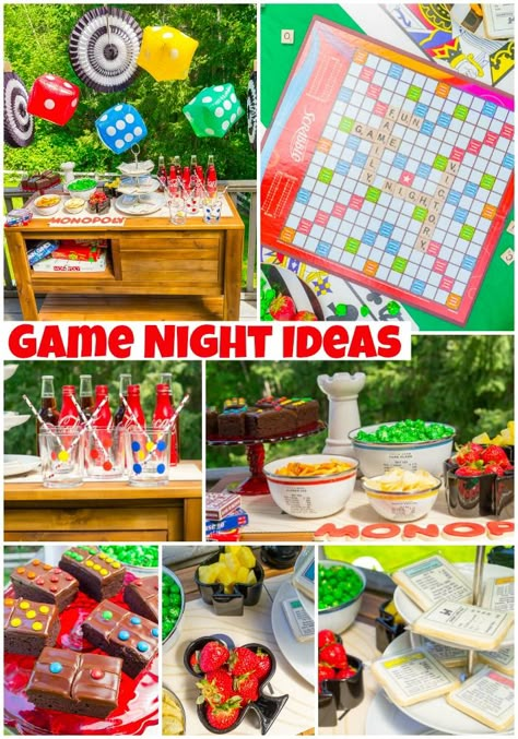 Family Game Night Birthday Party, Game Night Party Decorations For Adults, Game Night Theme Birthday Party, Decorations For Game Night, Game Night Theme Party For Adults Decor, Board Game Theme Party Food, Family Game Night Birthday Party Ideas, Board Games Birthday Party, Kids Board Game Birthday Party