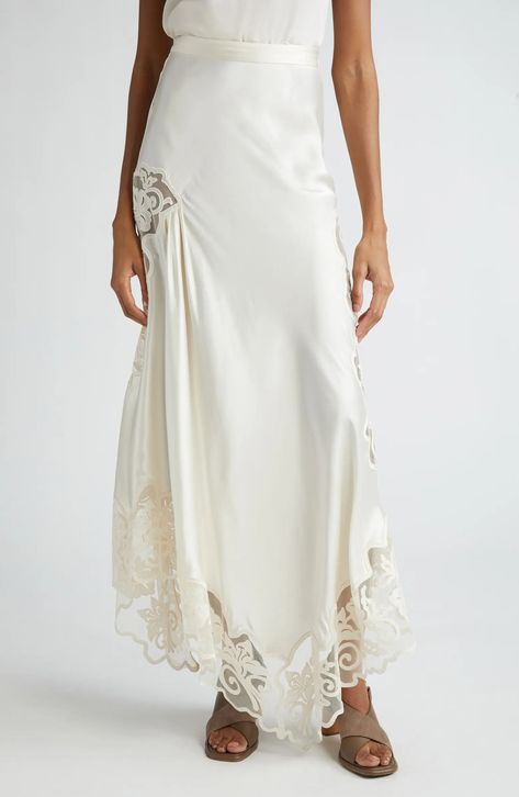 Ulla Johnson Cressida Floral Tulle Panel Silk Maxi Skirt | Nordstrom Beaded Skirt Long, Silk Maxi Skirt Outfit, White Silk Skirt, Dinner Attire, Floral Skirt Summer, Lace Maxi Skirt, Crochet Maxi Skirt, Silk Maxi Skirt, Maxi Lace Skirt