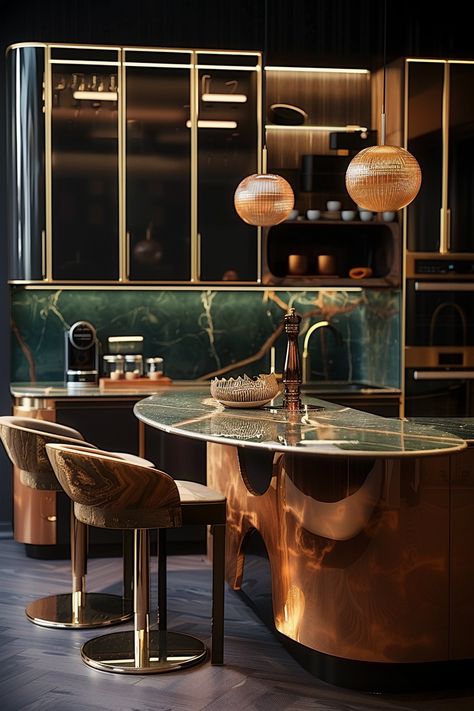 30+ Art Deco Kitchen Projects to Add Personalized Style - Quiet Minimal Art Deco Tiles Kitchen, Art Deco Dining Room Ideas, Art Deco Kitchen Modern, Art Deco Interior Vintage, Home Bar Aesthetic, Deco Kitchen Ideas, Art Deco Kitchen Ideas, Bar Wall Ideas, Kitchen Art Deco