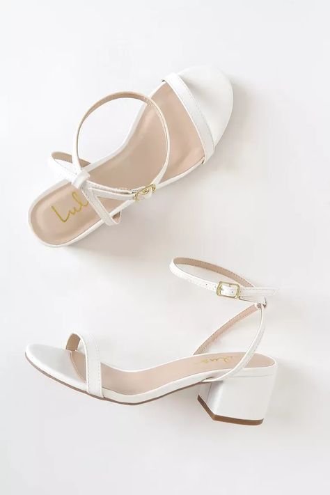 Minimalist ankle strap heels White Heels Small Heel, Flat Hoco Shoes, Hoco Shoes Short Heels, Short Heels For Wedding, Low White Heels, Prom Shoes Low Heeled, White Prom Shoes, Cute White Heels, Conformation Dresses