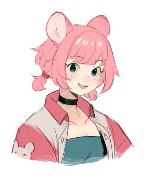 Cute Short Hair Drawing, Female Character Short Hair, Female Hair Styles Drawing, Pigtail Hairstyles Drawing, Pink Hair Character Design, Pig Character Design, Pigtails Drawing, Pink Hair Character, Hair Pigtails