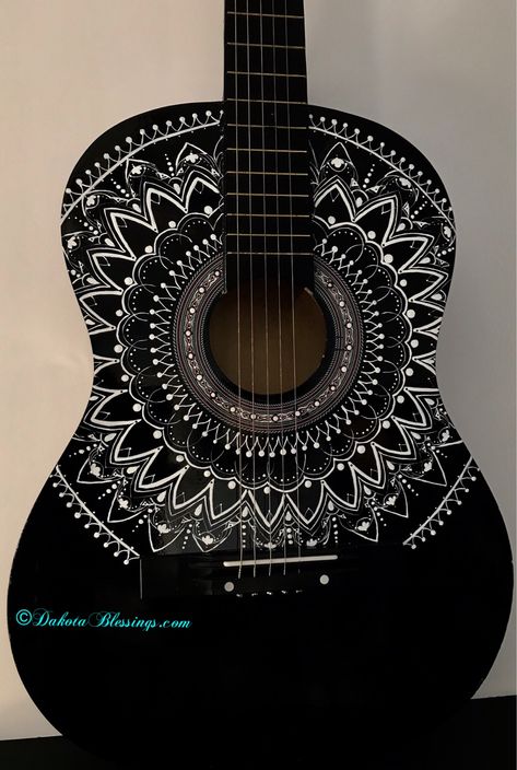 Hand painted guitar, Jane Kalmbach Mandala Art On Guitar, Painted Guitars Ideas, Painting On Guitar Ideas, Guitar Decor Ideas, Art On Guitar, Painted Guitar Acoustic, Painting On Guitar, Mandala Guitar, Guitar Art Diy