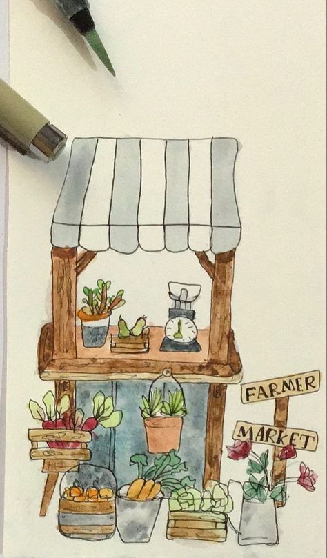 Farmers Market Drawing, Market Drawing, 2024 Bujo, Sketchbook Ideas, Journal Themes, Marker Drawing, Sketchbook Inspiration, Urban Sketching, Water Painting