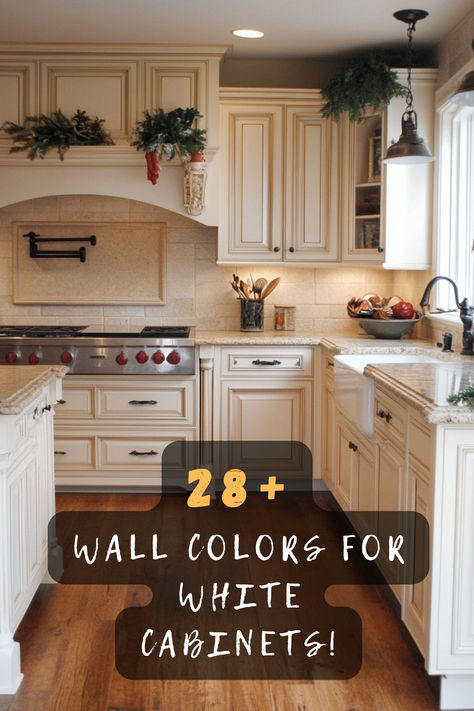 Need the perfect wall color? 🎨🏡 Click to discover 28 stunning wall colors that complement white kitchen cabinets beautifully. Transform your kitchen today! #KitchenDesign #WhiteCabinets #WallColors #HomeDecor #KitchenTransformation Matching Cabinets And Walls, White Cabinets What Color Walls, White Cabinets Tan Walls, Ivory Kitchen Cabinets Wall Colors, White Cabinets Off White Walls, Almond Color Kitchen Cabinets, Paint Colors To Match Antique White Cabinets, Add Color To All White Kitchen, White Cabinets Wall Color Ideas