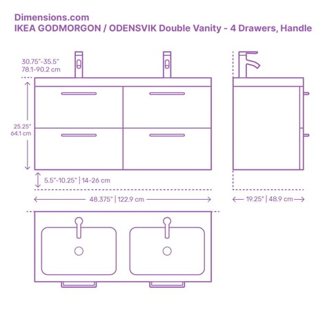 The IKEA GODMORGON / ODENSVIK Double Vanity (4 Drawers, Handle) is the ideal vanity solution for multiple users as it offers enough countertop space and multiple drawer storage. The double vanity can be configured with different bottom cabinet options making it highly versatile. The IKEA GODMORGON / ODENSVIK Double Vanity was designed by Magnus Elebäck for IKEA. Downloads online #fixtures #bathroom #vanities #IKEA Double Sink Cabinet, Vanity Height, Ikea Godmorgon, Architecture Design Process, Cabinet Options, Fixtures Bathroom, Bathroom Furnishings, Custom Vanity, Guest Bathrooms