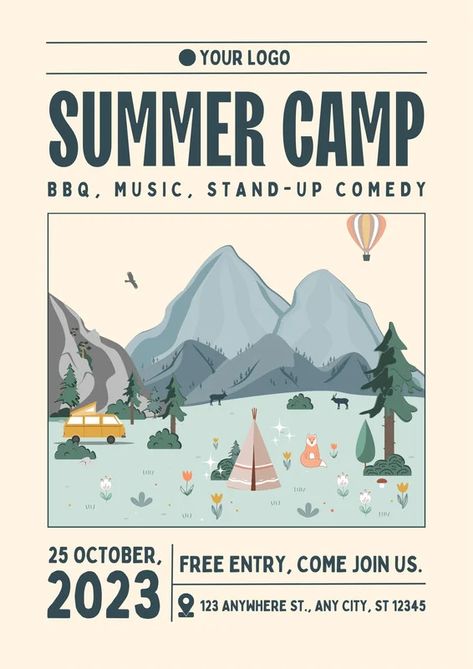 Film Camp Poster - Free & Premium Templates - Canva Camping Flyer Design, Camping Design Graphics, Summer Camp Graphic Design, Picnic Poster Design, Summer Camp Poster Design, Camping Graphic Design, Camping Poster Design, Summer Camp Flyer Design, Camp Poster Design