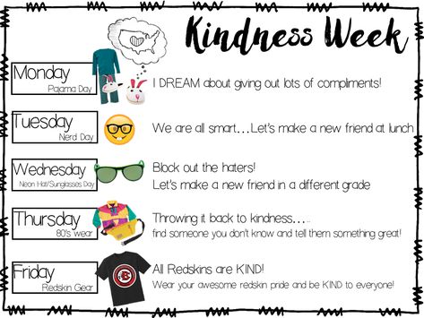 Kindness Week School, Kindness Week Ideas High School, Kindness Week Spirit Days, Kindness Spirit Week Ideas, Kindness Spirit Week, Summer Spirit Week Ideas, Student Council Ideas, Spirit Weeks, National School Counseling Week