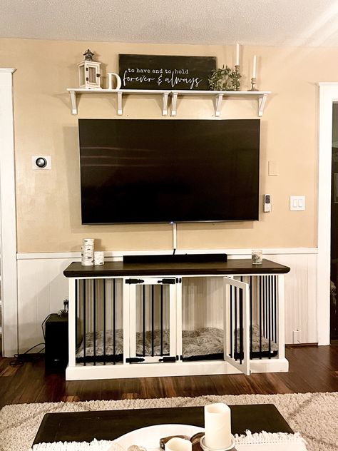 Entertainment Dog Kennel, Dog Areas In House Small Living Room, Home Dog Kennel Ideas, Modern Dog Kennel, Entertainment Decor, Dog Crate Furniture, Entertainment Ideas, Entertaining Decor, Small Living Room Decor