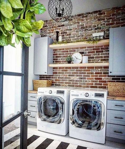 43 Small Farmhouse Laundry Room Ideas Look Bigger | Home Design And Interior Farmhouse Laundry Room Ideas, Mudroom Laundry Room Ideas, Laundry Room Decorating, Brick Accent Walls, Mudroom Laundry Room, Laundry Room Shelves, Farmhouse Laundry Room, Small Farmhouse, Laundry Room Storage