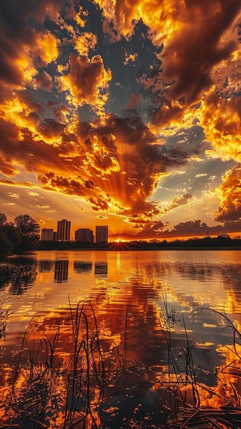 Sunset sky, golden clouds, red and yellow colors, burning cloud patterns over the city of Texas, lake view, real photography, high definition details in the style of real photography. Beautiful Sky Photography, Veronika Core, Landscape Photography Aesthetic, Sunset In City, Beautiful Sky Pictures, Sunsets Aesthetic, Lake Pattern, Lightning Sky, Golden Clouds