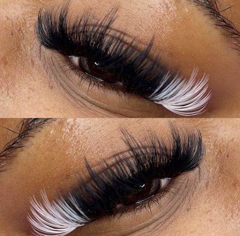 White lashes Lashes With White, Eyelash Extensions With White, White Lash Extensions, Black And White Lash Extensions, White Lashes, Lash Extensions White Accent, Coloured Lash Extensions White, Black And White Lashes, White And Black Lashes