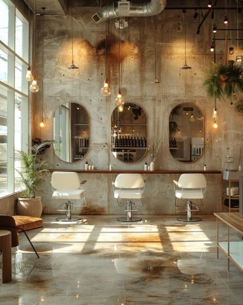 Industrial Salon Interior Design, Industrial Hair Salons, Hairdresser Salon Interior, Industrial Beauty Salon, Industrial Hair Salon Design, Rustic Beauty Salon, Industrial Hair Salon, Hairsalon Inspiration, Industrial Salon Design