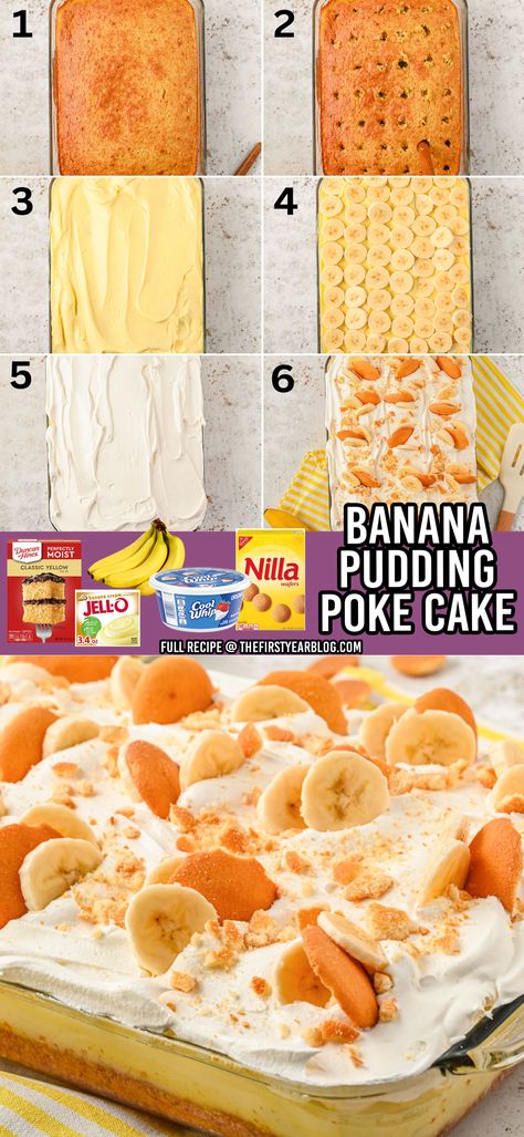 Banana Pudding Poke Cake pin with overlay text Bannan A Pudding Cake, Easy Banana Pudding Cake Recipe, Banana Pudding With Cake, Banana Pudding Poke Cake Easy, Banana Pudding Cake Recipe Easy, Banana Pudding Birthday Cake, Easy Banana Pudding Cake, Bannan A Pudding Recipes, Dolly Parton Banana Pudding Cake