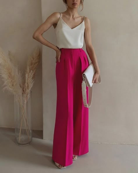 High Waisted Pink Pants Outfit, Pants Outfits For Women Formal, Fun Work Outfits Business Casual Colorful, Hot Pink Trousers Outfit, Fuchsia Pants Outfit, Pink Trousers Outfit Classy, Pink Palazzo Pants Outfit, Hot Pink Pants Outfit Work, Pink Dress Pants Outfit