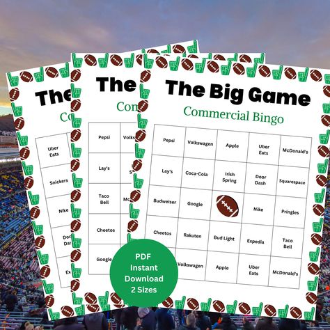 Looking for a Big Game Day game that everyone can play during your Football party? This Big Game Day Commercial Bingo is the perfect game to pass some time while the commercials are on. Whoever gets 5 in a row first, wins (or make up your own rules)! Super Bowl Bingo, Football Party Games, Superbowl Party Games, Party Games Printable, Superbowl Game, Bingo Sheets, Super Bowl Commercials, Bowl Game, Game Party