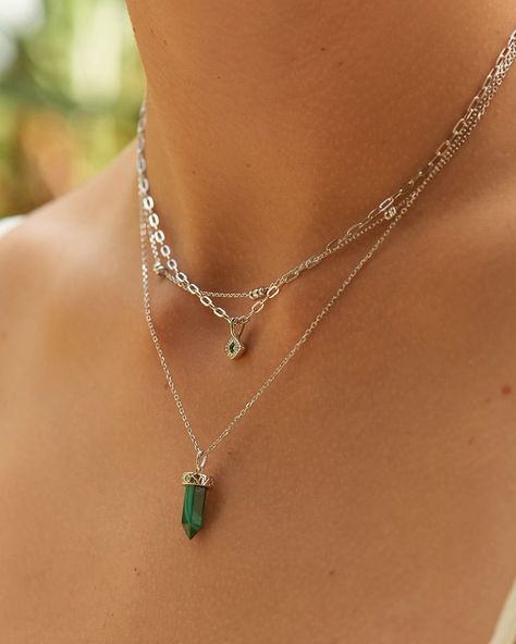 The silver and green combo we'll be loving all summer long 😍 Hit the link now and discover our NEW Second Nature collection for more stunning green malachite pieces. | Ania Haie Dainty Fine Jewelry, Silver Statement Jewelry, Green Jewellery, Necklace Layers, Most Beautiful Engagement Rings, Lapis Jewelry, Malachite Necklace, Buying Gold, Layering Necklaces