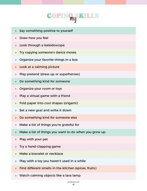 A free printable coping skills list with 24 activities, including drawing, organizing, setting goals, and playing calming games. Coping Skills Toolbox Ideas, Coping Skills List, Journal Creative Ideas, Behavior Teacher, Healthy Coping Strategies, Mood Management, Skills List, Assertive Communication, Journal Creative