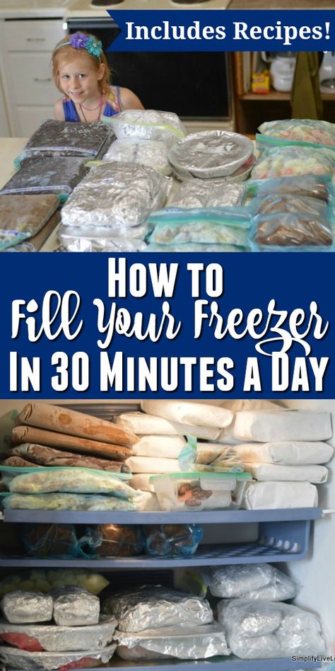 Use these tips on how to fill your freezer in 30 minutes a day to save time cooking meals on busy days! Frugal ideas and time-saving tips for freezer cooking. Includes easy freezer recipes and a menu plan. Stock Freezer, Prepare Ahead Meals, Meals You Can Freeze, Freezer Breakfast Meals, Fill Your Freezer, Comfort Food Dinners, Quick Easy Dinners, Quick Easy Dinner Recipes, Budget Freezer Meals