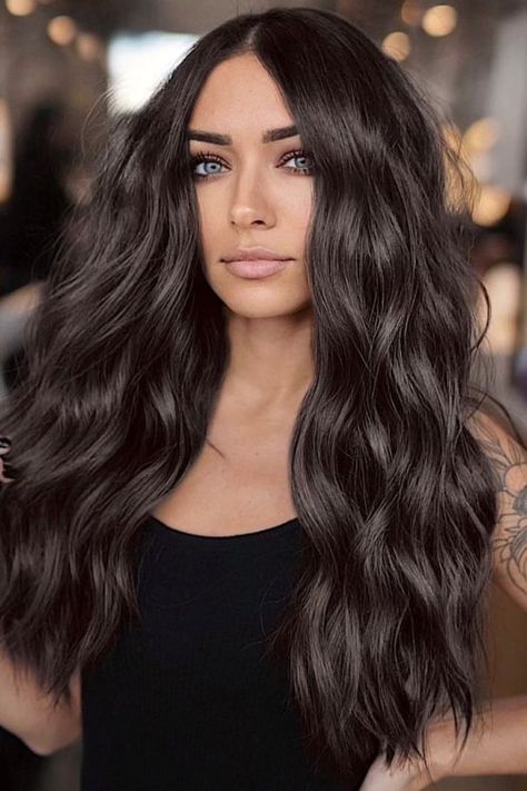 Dark Brown Hair With Highlights Blue Eyes, Dark Hair Color Ideas For Blue Eyes, Dark Hair With Extensions, Really Dark Brown Hair, Single Process Hair Color, Dark Fall Hair Color Ideas, Darker Brown Hair, Dimensional Black Hair, Black Hair Looks