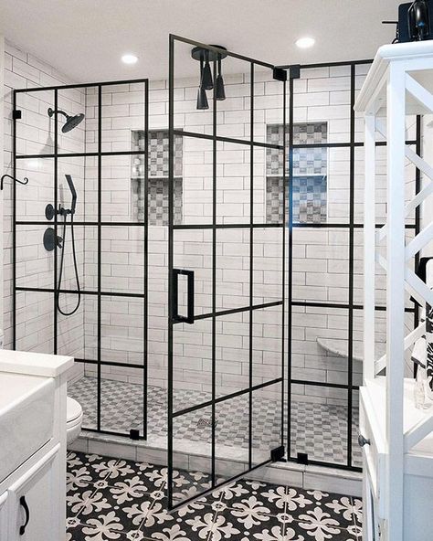 This is THE look of 2019! Super modern, grid style shower door. Frameless 10mm heavy glass shower enclosure - modern farmhouse, or just plain modern this shower door is HOT! Black Paned Shower Door, Black Window Pane Shower Door, Shower Door With Black Trim, Open Showers No Door Walk In, Glass Door Shower Ideas, Black Glass Shower Door, Black Grid Shower Door, Modern Mosaic Bathroom, Gridscape Shower Door