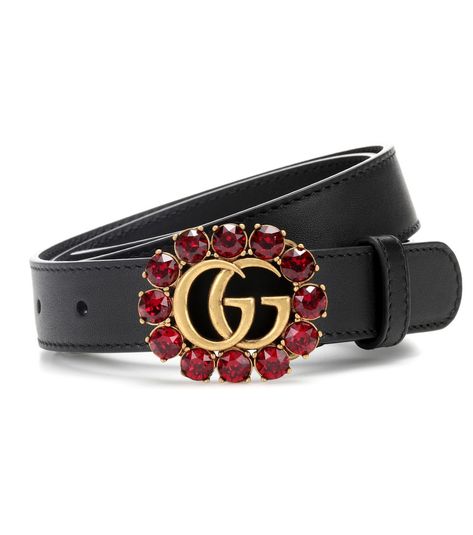 Gucci - Crystal-embellished leather belt - Adopt Gucci's attitude of bringing flair to the forefront with the label's embellished leather belt. Crafted in Italy from smooth black calfskin leather, this style features a buckle adorned with the signature GG logo in antique gold-tone hardware surrounded by sparkling ruby-coloured crystals. Wear yours as a jewellery-like cinching finish to printed trousers and skirts. seen @ www.mytheresa.com Gucci Marmont Belt, Gucci Leather Belt, Jeweled Belts, Red Jewel, Luxury Belts, Wide Leather Belt, Gg Logo, Designer Belts, Gucci Leather