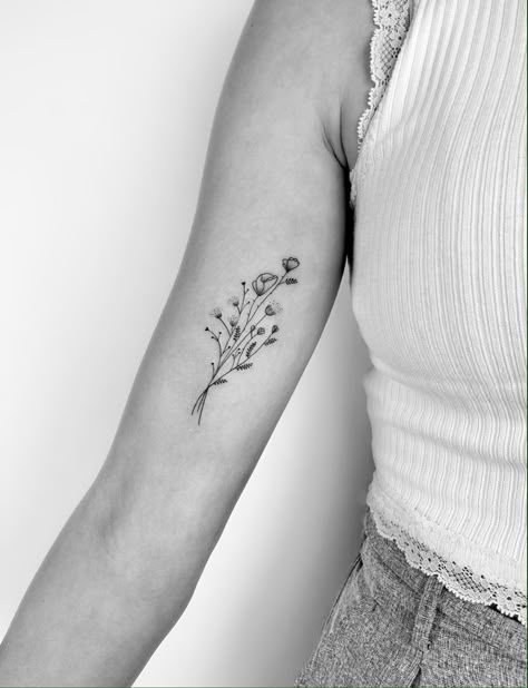 Birth Flower Tattoos Bicep, Wildflower Tattoo Inner Arm, Wildflower Tattoo Inner Bicep, Fine Line Flower Tattoo Back Of Arm, Flower Tattoo On Inner Arm, Wildflower Bicep Tattoo, Inner Beauty Tattoo, Wildflower Tattoo Bicep, Fine Line Flower Arm Tattoo