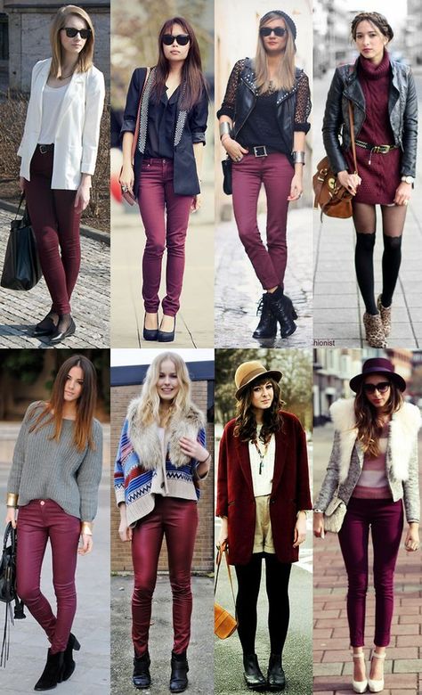 Wine Color Jeans Outfit, Wine Pants Outfit Work, Outfits With Maroon Pants, Wine Leggings Outfit, Wine Pants Outfit, Outfit Pantalon Vino, Burgundy Jeans Outfit, Burgundy Pants Outfit, Maroon Pants Outfit