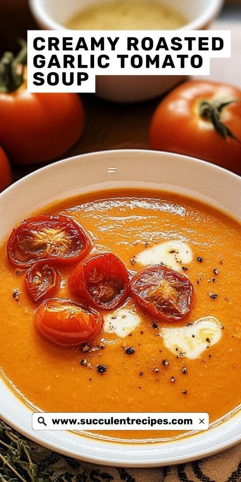 Warm up with this Easy Creamy Roasted Garlic Tomato Soup—a simple recipe with bold flavors and a silky texture. Tomato Garlic Soup Recipe, Kumato Tomato Recipe, Tomatoe Soup Easy Recipe, Roasted Tomatoes Soup, Oven Roasted Tomato Soup, Best Tomato Basil Soup, Best Homemade Tomato Soup, Cherry Tomato Soup, Roasted Garlic Tomato Soup