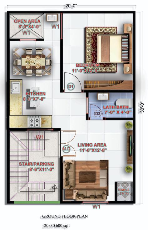 "Unlock the perfect blend of comfort and efficiency with this expertly designed 600 sq ft, 20x30 feet house plan! Ideal for small families or urban living, this plan maximizes every inch of space to offer a cozy bedroom, spacious living area, and functional kitchen. Don't wait to start your dream home project—download your ready-made PDF now from houseplanfiles.com and bring this vision to life!" This hook emphasizes the value of the plan, the convenience of having a ready-made PDF, and the ... 2bhk Plan With Dimensions, 20 By 30 House Plans Home, 20 30 House Plan, 20×40 House Plan, 20 X 30 Floor Plan Layout, 1 Bhk Interior Small Spaces, 20×30 House Plan, 600 Sq Ft House Plans, Ground Floor House