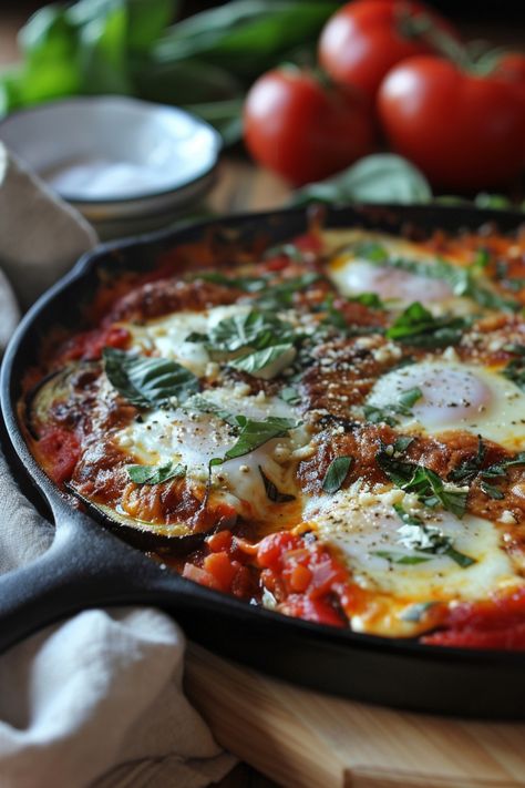 Shakshuka dish in a skillet garnished with fresh herbs, tomatoes in the background. Eggplant Marinara, Chicken And Eggplant Recipes, Healthy Egg Plant Parmesan, Skillet Eggplant Parmesan, Classic Eggplant Parmesan, Eggplant Parmigiana Recipe Tin Eats, Pan Fried Eggplant, Traditional Eggplant Parmesan, Eggplant Recipes Parmesan