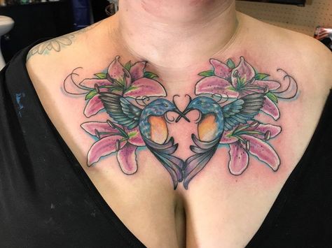 Lily and hummingbird chest piece by Steven Rudd at Absolute Tattoo and Art Gallery in Vinita, OK Hummingbird Tattoo Chest, Women Chest Tattoo, Wolf Tattoos For Women, Tattoo Chest, Bird Tattoos, Chest Tattoos For Women, Eagle Tattoos, Chest Piece Tattoos, Hummingbird Tattoo