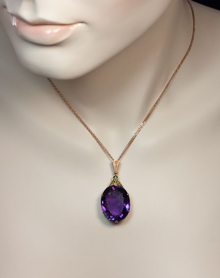 An Art Deco Siberian Amethyst, Demantoid Garnet and Rose Gold Pendant Necklace. The pendant features an oval cut large Siberian amethyst with an approximat Siberian Amethyst, Amethyst Jewelry Ring, Amethyst Stone Necklace, Amethyst Pendant Necklace, Rose Gold Pendant Necklace, Demantoid Garnet, Large Pendant Necklace, Deep Impact, Amethyst Necklace Pendant