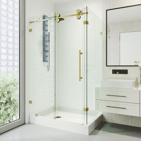 VIGO Winslow 36.13 in. x 73.75 in. Frameless Corner Sliding Shower Enclosure in Matte Gold with Left Drain Base-VG6051MGCL48WL - The Home Depot Sliding Door Shower, Corner Shower Kits, Frameless Sliding Doors, Shower Sliding Glass Door, Frameless Sliding Shower Doors, Corner Shower Enclosures, Frameless Shower Enclosures, Glass Shower Enclosures, Sliding Door Systems