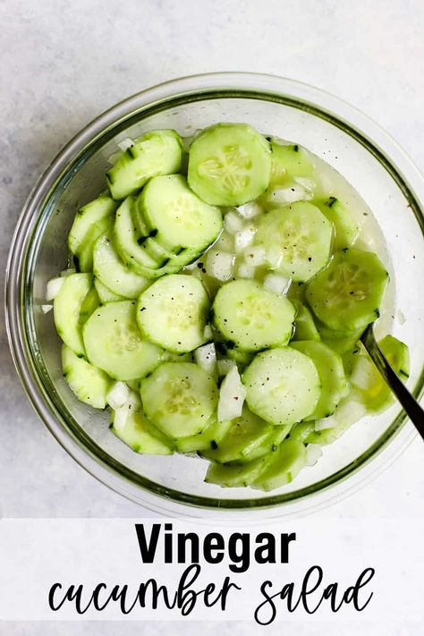 This vinegar cucumber salad is a simple summery side dish that goes with any cookout, lunch, or dinner! Use up garden or CSA cucumbers with this delicious, easy, and refreshing recipe. #summerrecipes #salad #cucumbers #applecidervinegar #cucumbersalad #quickandeasy Cucumber Recipes Vinegar, Vinegar Cucumber Salad, Healthy Cookout, Cucumber Salad Vinegar, Vinegar Cucumbers, Cookout Sides, Radish Recipes, Gluten Free Sides Dishes, Recipes With Few Ingredients