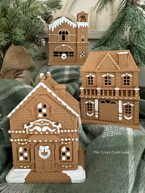 Gingerbread Crafts Diy, Dollar Tree Gingerbread House, Diy Gingerbread Village, Dollar Tree Christmas Village, Ginger Bread Village, Gingerbread Houses Diy, Gingerbread House Painting, Dollar Tree Houses, Gingerbread Christmas Village