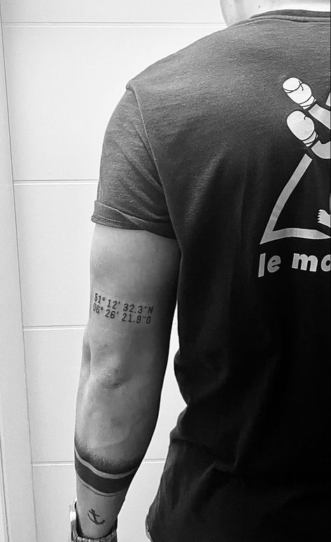 Mens Coordinate Tattoo, Coordinates Tattoo Placement Men, Coordinates Tattoo Men, Triceps Tattoo Men, Tricep Tattoo, Typographic Tattoo, First Tattoo Ideas, Tricep Tattoos, Bicep Tattoo Men