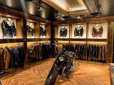 Goldtop | Motorcycle Clothing on Instagram: “Here’s a glimpse at some of our range on display inside the amazing new jacket showroom of our Korean stockist @moteros_korea ! It was…” Motorcycle Showroom Design, Flat Ceiling, Biker Clothing, Showroom Ideas, Motorcycle Store, Biker Stuff, Retail Fixtures, Jacket Store, Motorcycle Clothing